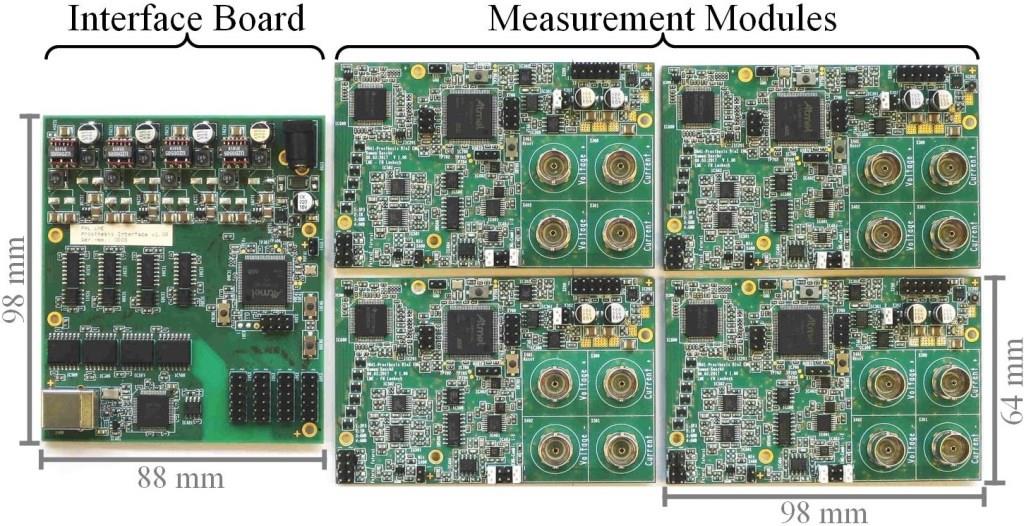 Photograph of the interface board and four measurement modules. The interface board consists of about 200 components and has dimensions of 98 x 88 mm². On the measurement modules about 300 components are populated and its dimensions are 98 x 64 mm².